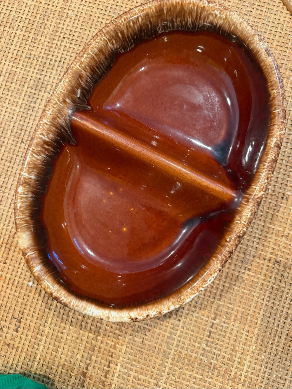 HULL Vintage Pottery Brown Drip 11" Oval Divided Serving Dish Oven Proof